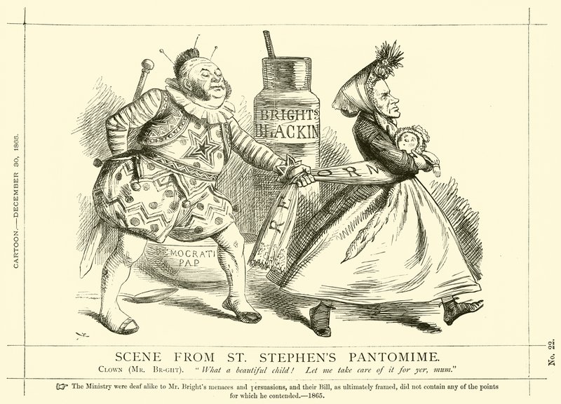 Punch karikatura týkající se Johna Brighta: Scéna z pantomimy svatého Štěpána, 30. prosince 1865 (rytina) od English School