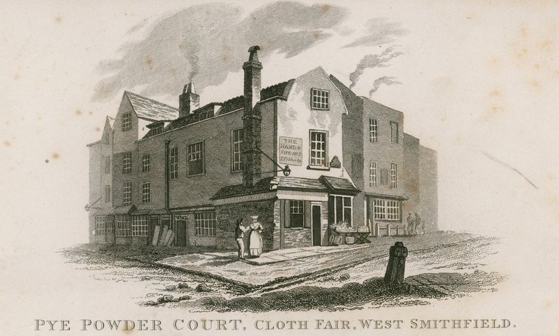 Pye Powder Court, veletrh látek, West Smithfield, konaný v hostinci Sign of the Hand and Shears od English School