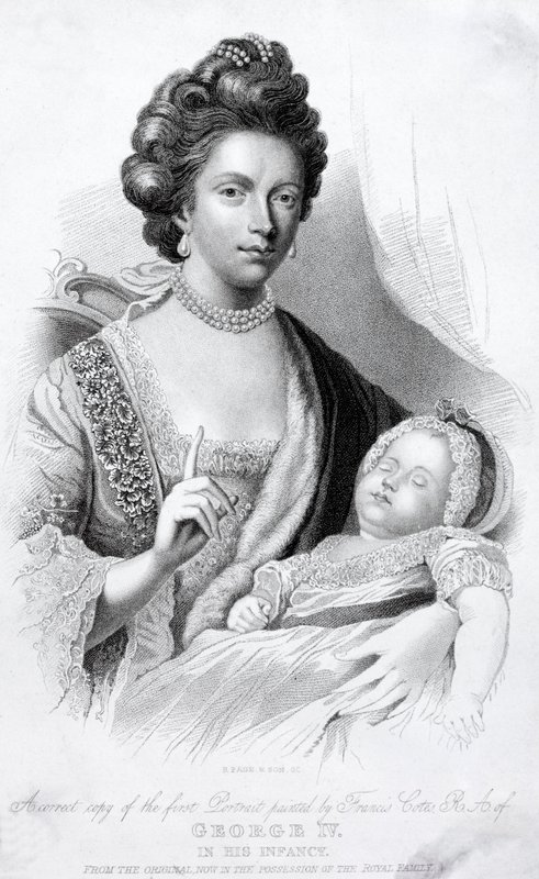 Královna Charlotta, choť krále Jiřího III., s jejich malým synem, budoucím princem regentem a králem Jiřím IV. od English School