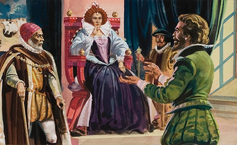 Královna Alžběta I. (1533-1603) a sir Francis Drake (1540-96) (kvaš na papíře) od English School