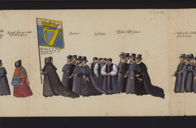 Pohřební průvod královny Alžběty I. (barevná rytina) od English School