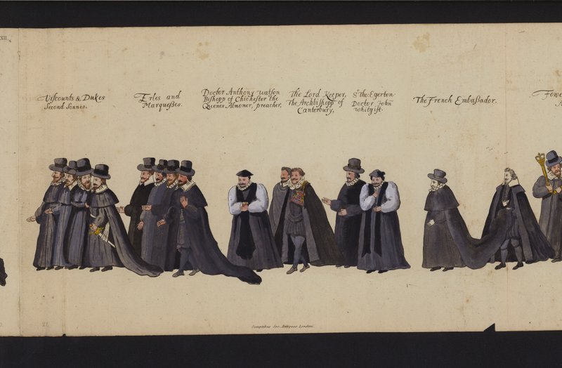 Pohřební průvod královny Alžběty I. (barevná rytina) od English School