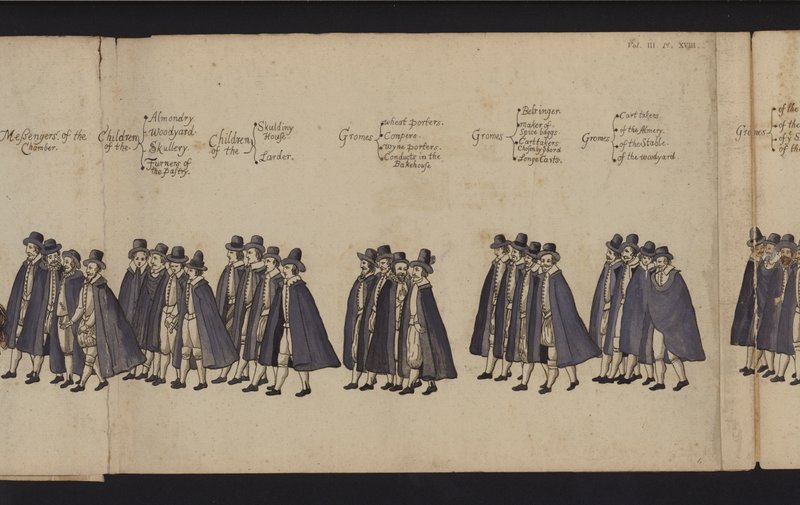 Pohřební průvod královny Alžběty I. (barevná rytina) od English School