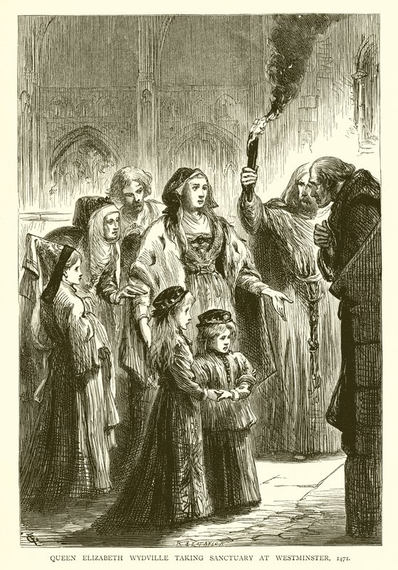 Královna Alžběta Wydville dobyla svatyni ve Westminsteru, 1471 od English School