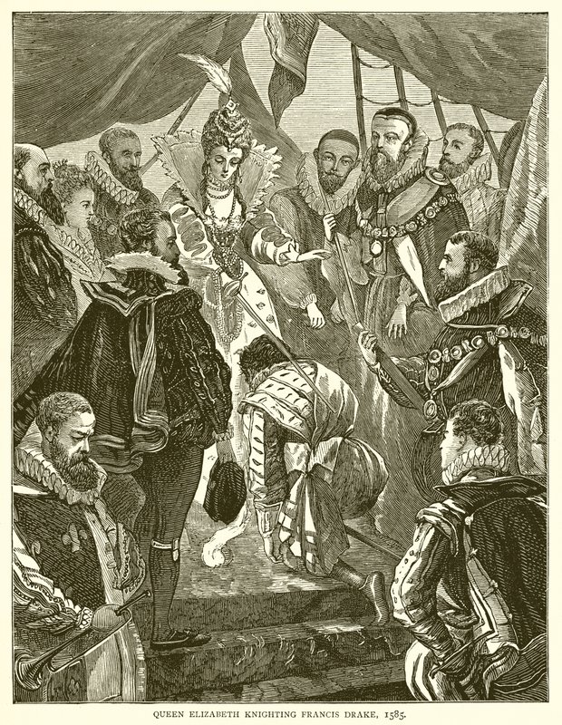 Královna Alžběta pasovaná na rytíře Francis Drake, 1585 od English School