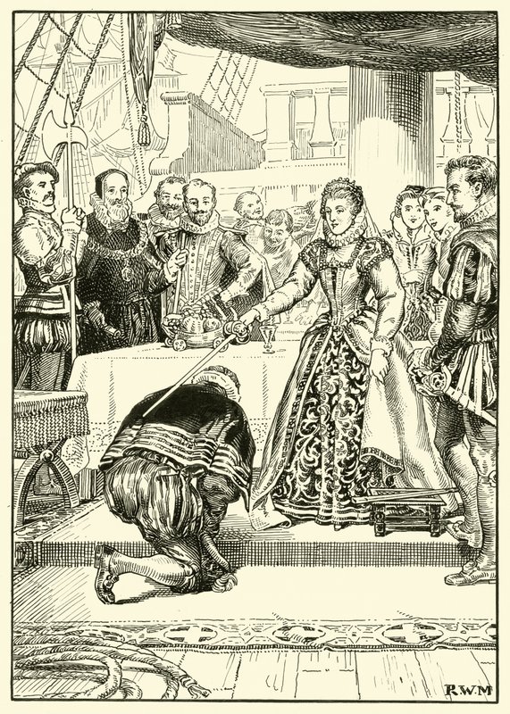 Královna Alžběta na palubě Golden Hind (inkoust na papíře) od English School