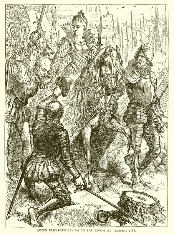Královna Alžběta přezkoumává vojska v Tilbury, 1588 od English School