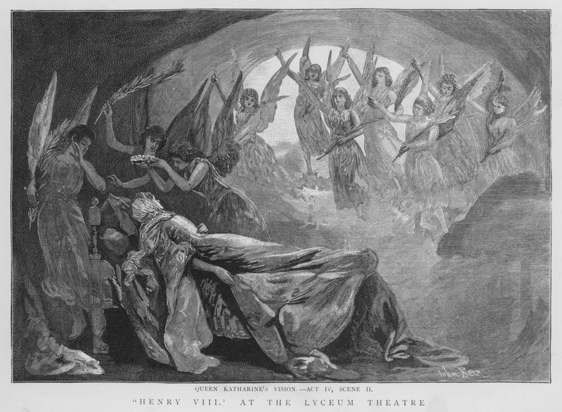 Vize královny Katherine, scéna z inscenace Shakespearova Jindřicha VIII. v divadle Lyceum v Londýně (litho) od English School