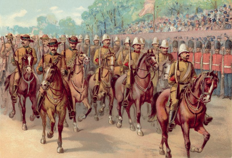 Diamantové jubileum královny Viktorie 1897, Cape and Canadian Rifles míjející Constitution Hill (chromolitho) od English School