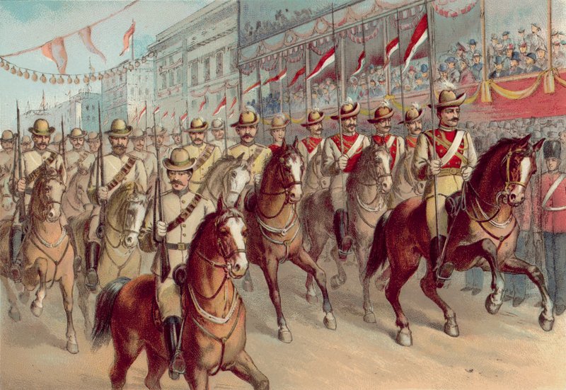 Diamantové jubileum královny Viktorie 1897, viktoriánské pušky a kopiníci z Nového Jižního Walesu míjející Pall Mall (chromolitho) od English School