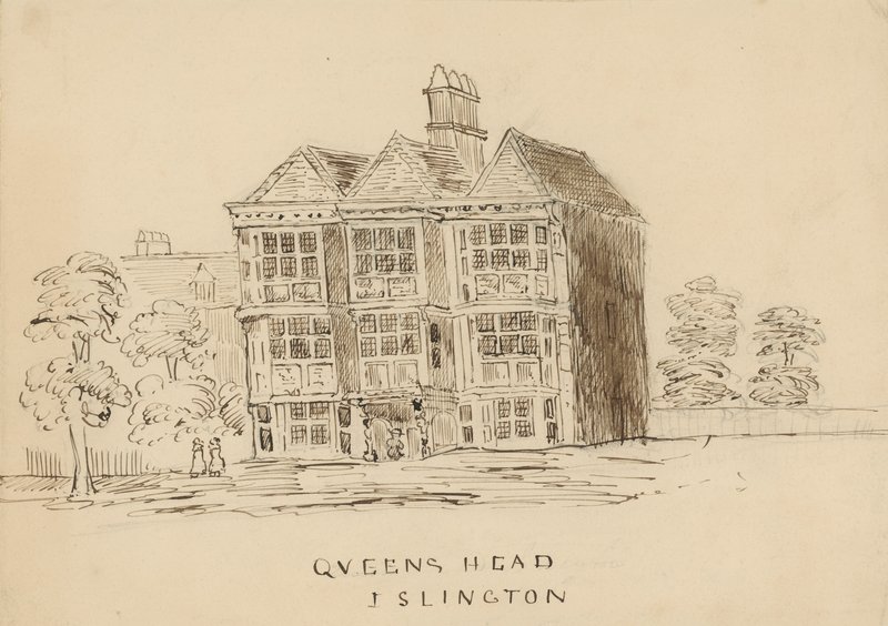 Queens Head, Islington, Londýn (inkoust na papíře) od English School