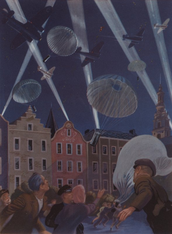 Letouny Bomber Command RAF shazují nad Německem okupovaným Nizozemskem cigarety pro civilisty na oslavu narozenin královny Wilhelminy, 2. světová válka od English School