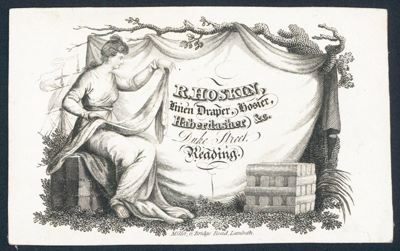 R Hoskin, plátěný soukeník, punčochové zboží, galanterie, vizitka od English School