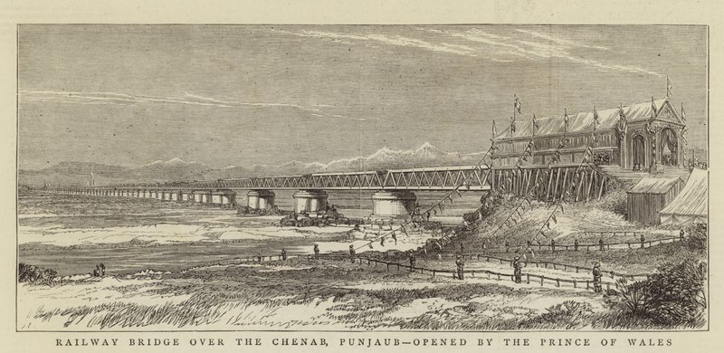 Železniční most přes Chenab, Paňdžáb, otevřený princem z Walesu (rytina) od English School