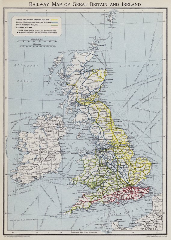 Železniční mapa Velké Británie a Irska (barevná litografie) od English School