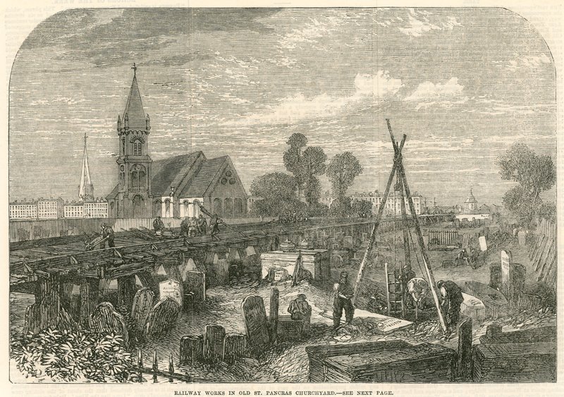 Železniční práce v Old St Pancras Churchyard, Londýn od English School