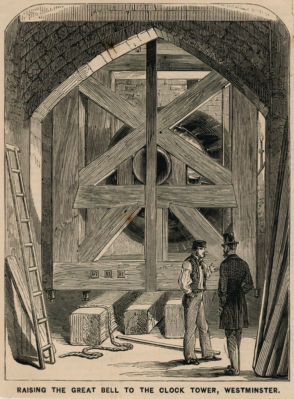 Zvednutí velkého zvonu (Big Ben) do Clock Tower, Westminster od English School