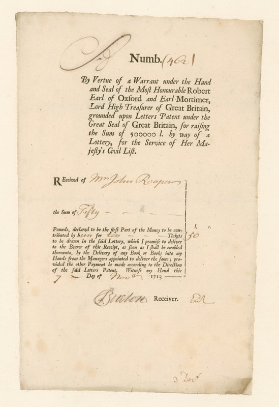 Potvrzení o občanské seznamové loterii z roku 1713 od English School