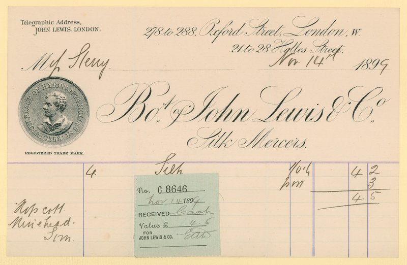 Potvrzení od John Lewis & Co., 14. listopadu 1896 od English School