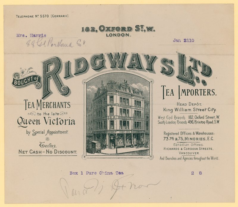Potvrzení od Ridgways, dovozců čaje, 182 Oxford Street, Londýn od English School