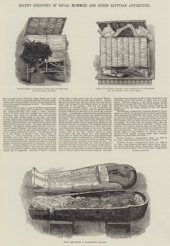 Nedávný objev královských mumií a dalších egyptských starožitností (rytina) od English School