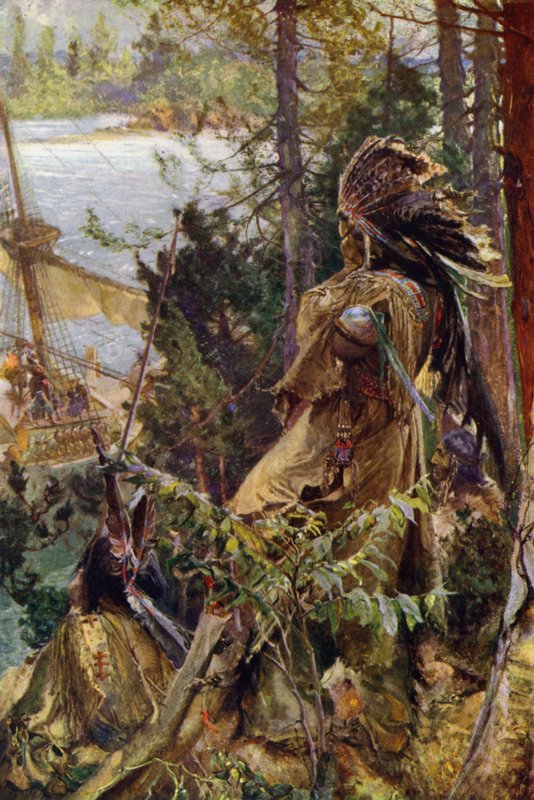Rudí indiáni sledují příjezd francouzské lodi (barevná litografie) od English School