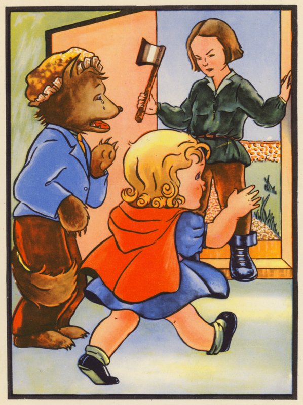 Otec Červené Karkulky přichází v pravou chvíli (barevná litografie) od English School