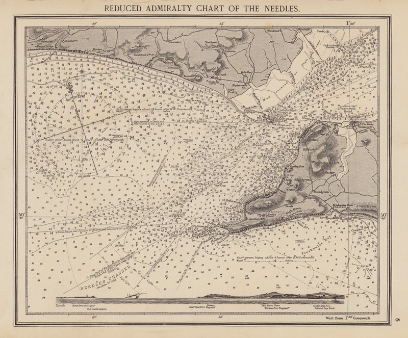 Zredukovaná admirálská mapa Jehly (barevná litografie) od English School