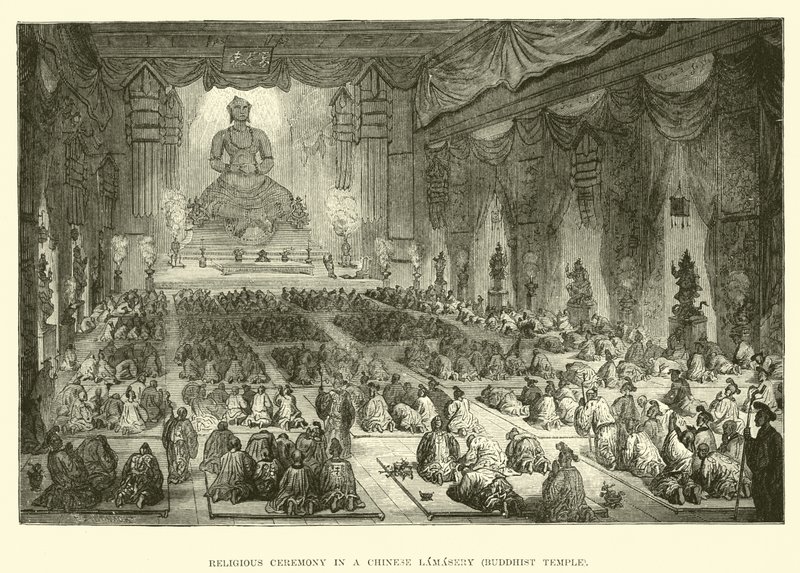 Náboženský obřad v čínské lamasery, buddhistický chrám od English School