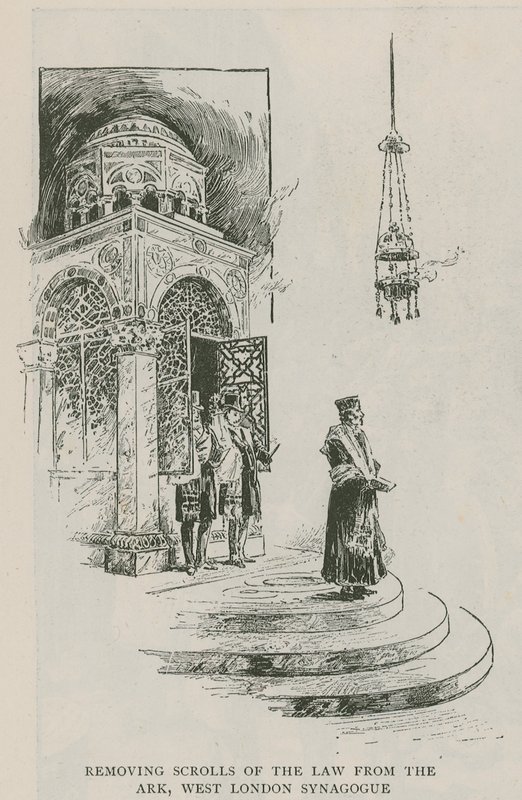 Odstranění svitků zákona z archy, synagoga v západním Londýně od English School