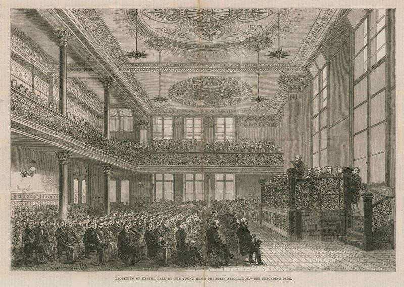 Znovuotevření Exeter Hall v Londýně organizací Young Mens Christian Association od English School