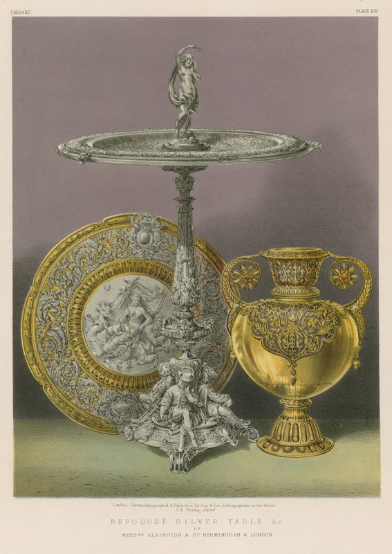 Repousse Silver Table atd. od pánů Elkington and Co, Birmingham a Londýn od English School