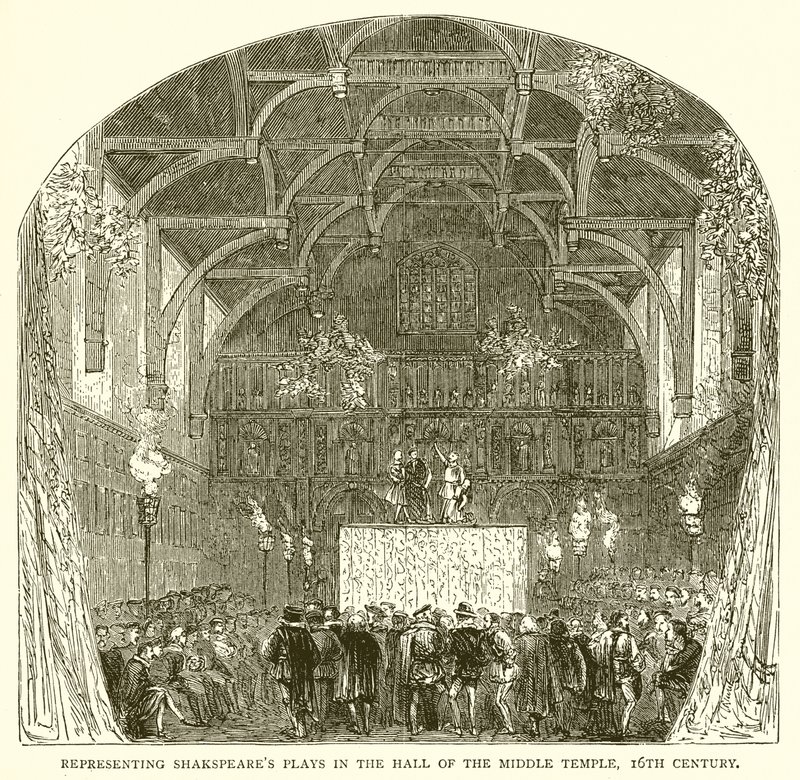 Představení Shakespearových her v sále středního chrámu, 16. století od English School