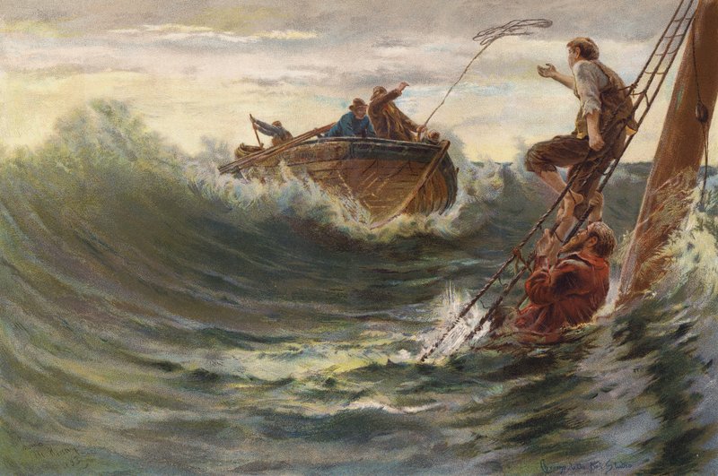 Záchrana mužů, kteří přežili ztroskotání (chromolitho) od English School