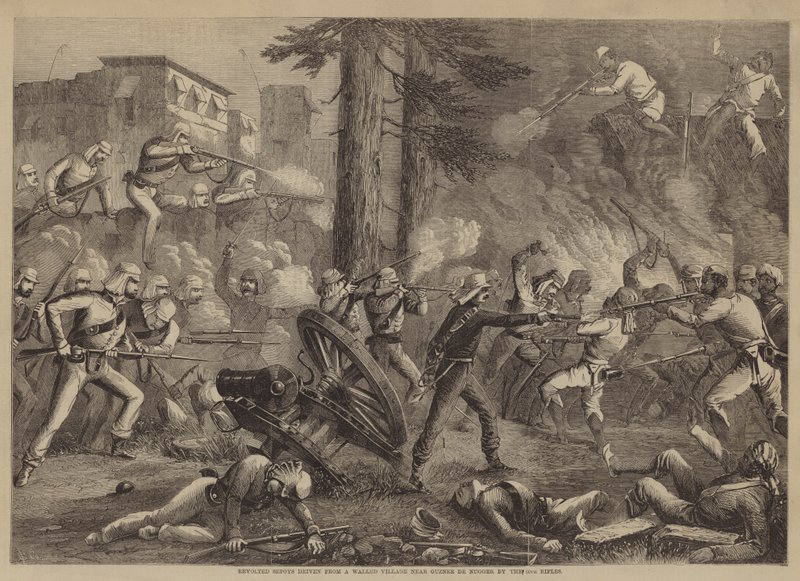Vzbouření Sepoyové vyhnáni z opevněné vesnice poblíž Guznee de Nugger 60th Rifles (rytina) od English School