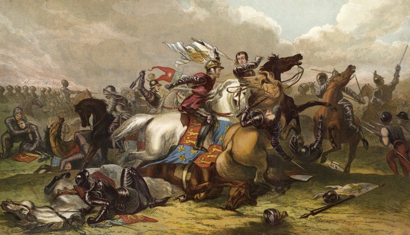 Richard III a hrabě z Richmondu v bitvě u Bosworthu od English School