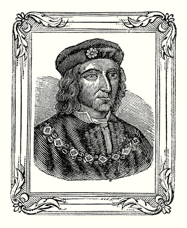 Richard III se narodil v roce 1450, korunován v roce 1483, zabit v roce 1485 (rytina) od English School