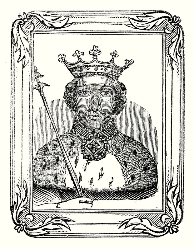 Richard II. se narodil v roce 1366, korunován byl v roce 1377 a zavražděn v roce 1399 (rytina). od English School