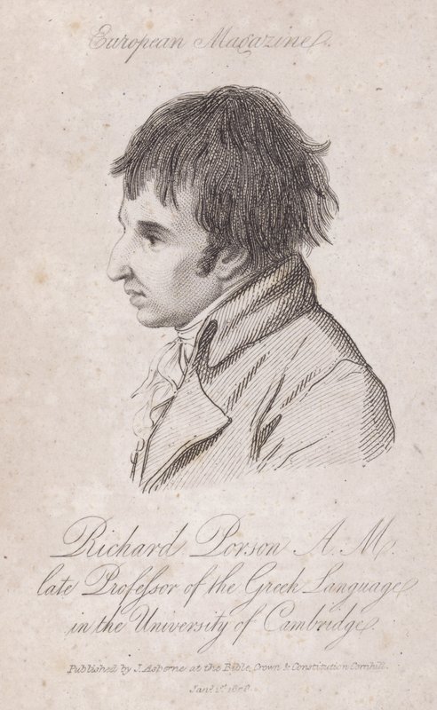 Richard Porson , anglista, profesor řečtiny na Trinity College, Cambridge (rytina) od English School