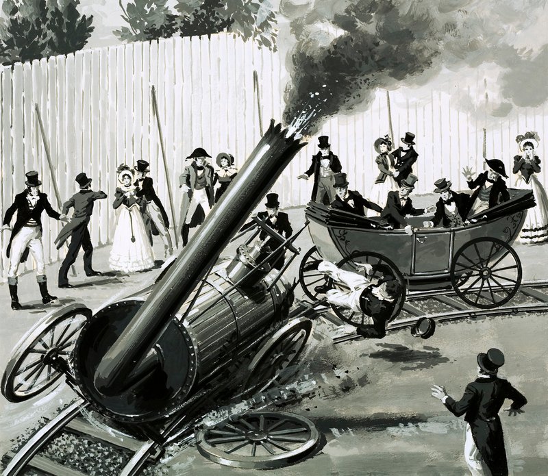 Richard Trevithick postavil v Londýně malou okružní železnici, aby lidem představil cestování po železnici (kvaš na papíře) od English School