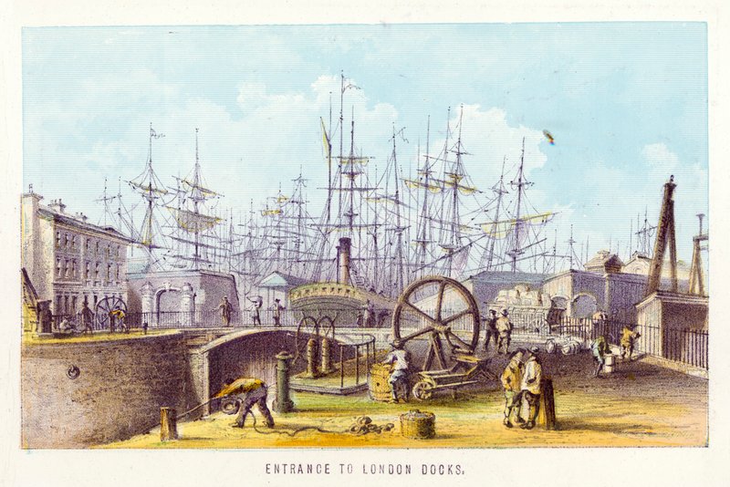 River Thames: Entrance to London Docks (barevná rytina) od English School