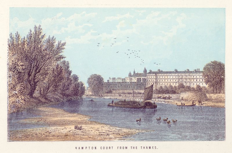 River Thames: Hampton Court z Temže (barevná rytina) od English School