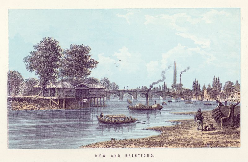 Řeka Temže: Kew a Brentford (barevná rytina) od English School