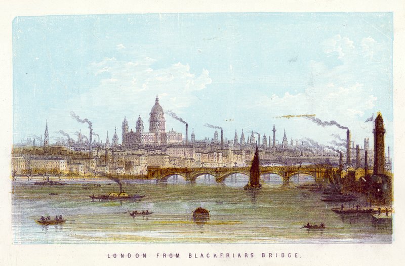 River Thames: London z Blackfriars Bridge (barevná rytina) od English School
