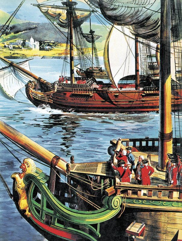 Robert Clive pluje Bengálským zálivem k ústí Gangy od English School