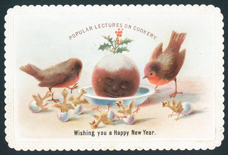 Robins a mláďata při pohledu na usměvavý švestkový pudink, novoroční přání od English School