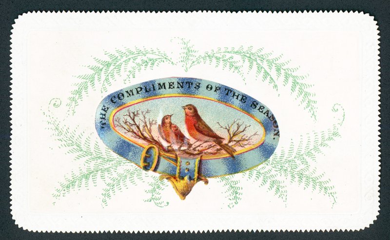 Robins sedí v oválu s kapradinou obklopují, vánoční přání od English School