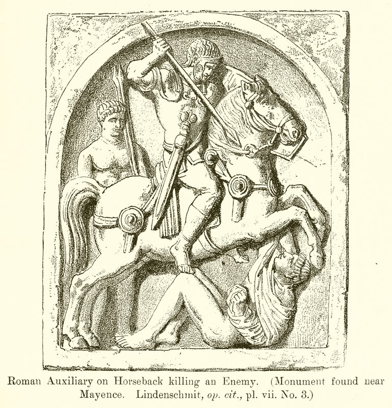 Roman Auxiliary on Horseback zabíjející nepřítele. (Pomník nalezen poblíž Mayence. Lindenschmit, op. cit., vii. č. 3) od English School