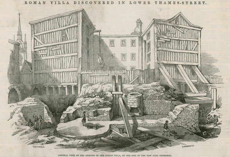 Římská vila objevená v Lower Thames Street, Londýn: Celkový pohled na zbytky římské vily na místě nové uhelné burzy od English School