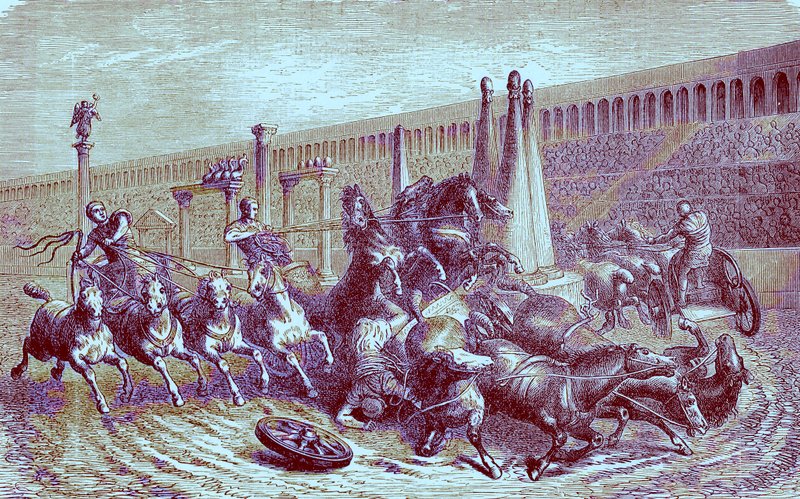 Římské veřejné hry pod říší - závod vozů v cirkuse, ilustrace z Ilustrované historie světa, vydané kolem roku 1880 (digitálně vylepšený obrázek) od English School